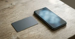 Oprofilerad mobiltelefon på ett bord bredvid ett neutralt bankkort