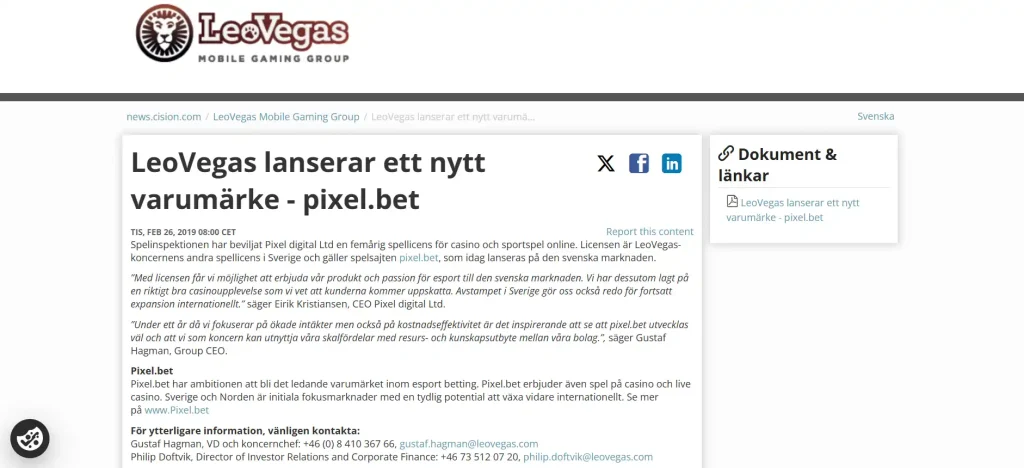 Cisions svenska pressmeddelande om lanseringen av pixel.bet den 26 februari 2019