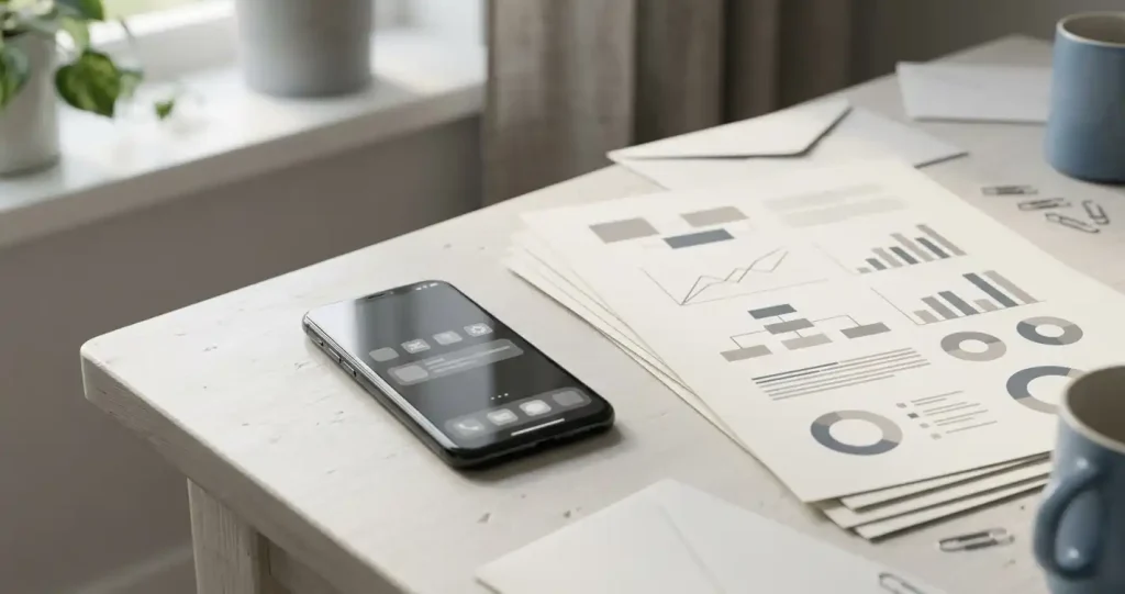 Omärkt mobiltelefon vid en utskriven betalningsöversikt och neutrala bankpapper